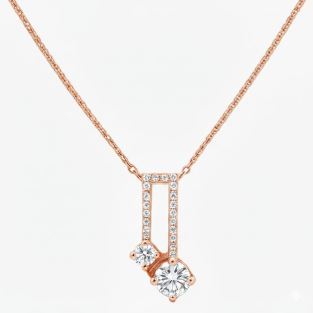 Rose gold necklace with a diamond pendant on a white background