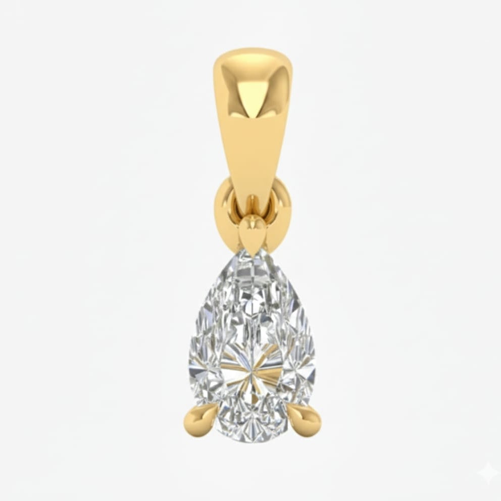 Gold pendant with a pear-shaped diamond on a white background