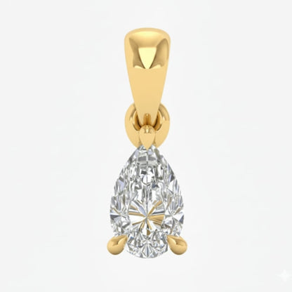 Gold pendant with a pear-shaped diamond on a white background