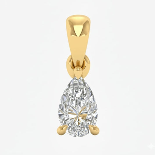 Gold pendant with a pear-shaped diamond on a white background