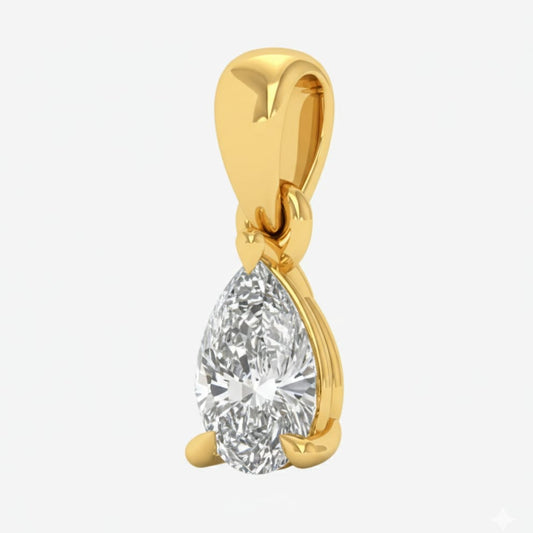 Gold pendant with a pear-shaped diamond on a white background