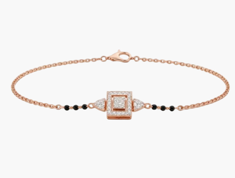Rose gold bracelet with diamond and black bead details on a white background