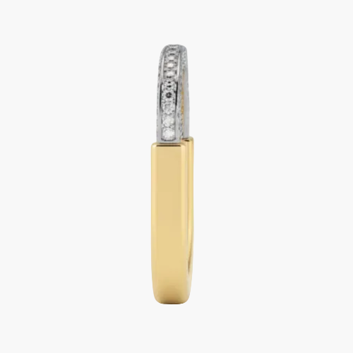 Gold ring with diamond accents on a white background