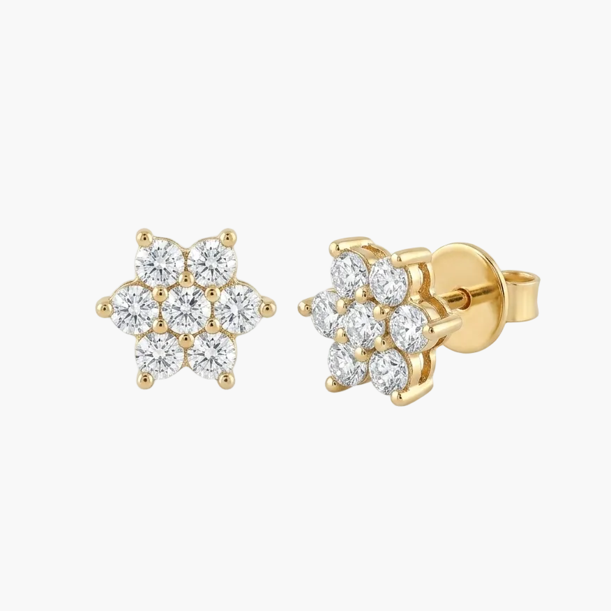 Gold flower-shaped earrings with clear gemstones on a white background