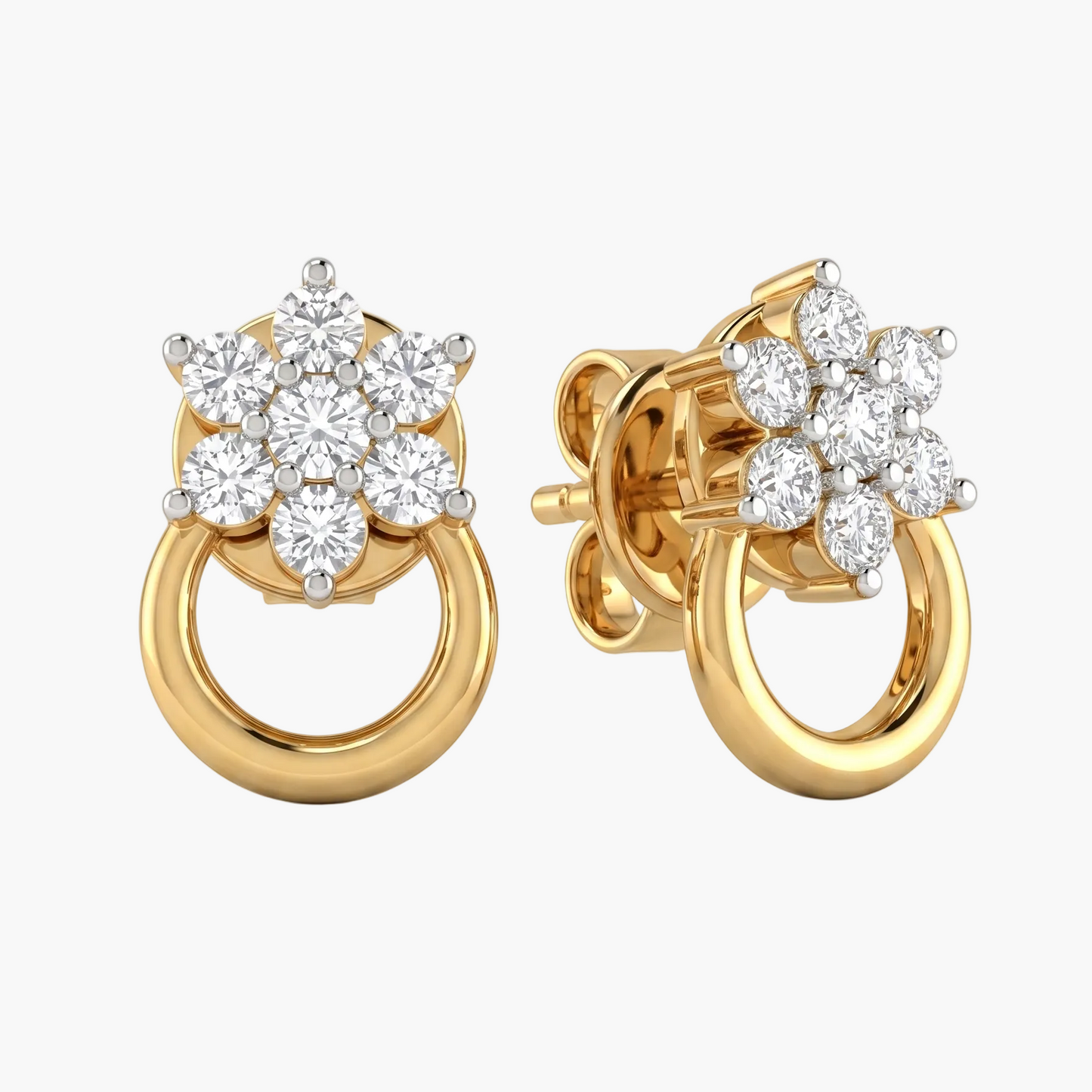 Gold earrings with diamond-studded flower designs on a white background
