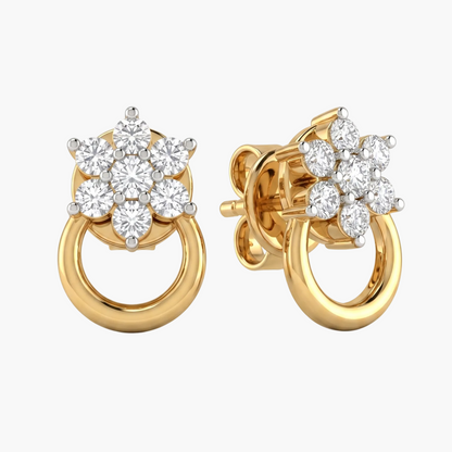Gold earrings with diamond-studded flower designs on a white background