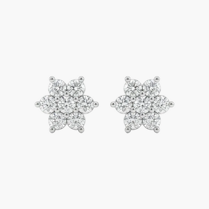 Pair of diamond flower earrings on a white background