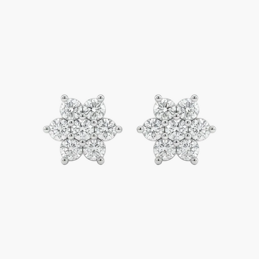 Pair of diamond flower earrings on a white background