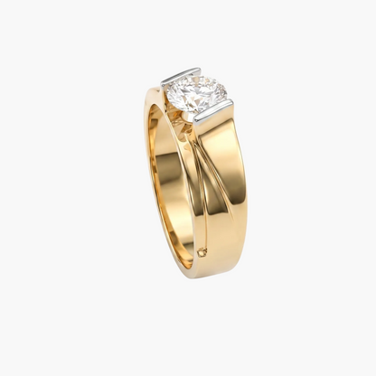 Gold ring with a diamond on a white background