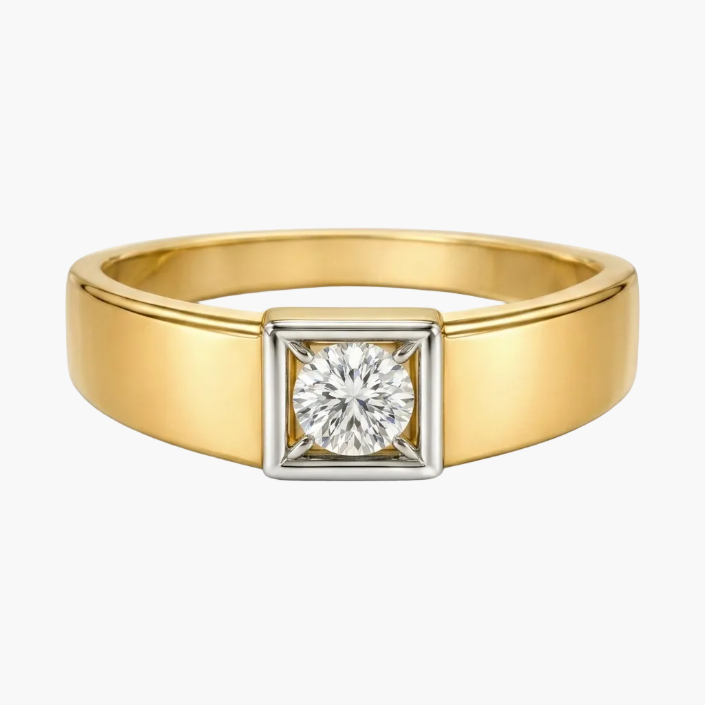 Gold ring with a diamond on a white background