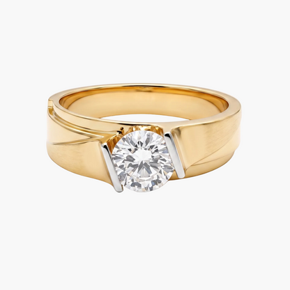 Gold ring with a diamond on a white background