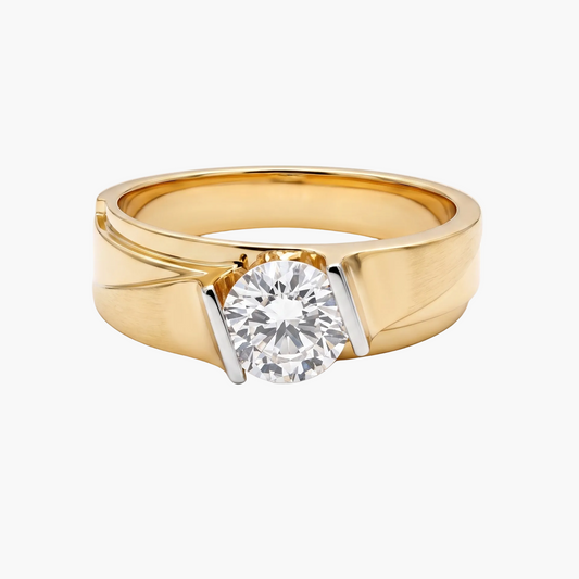 Gold ring with a diamond on a white background
