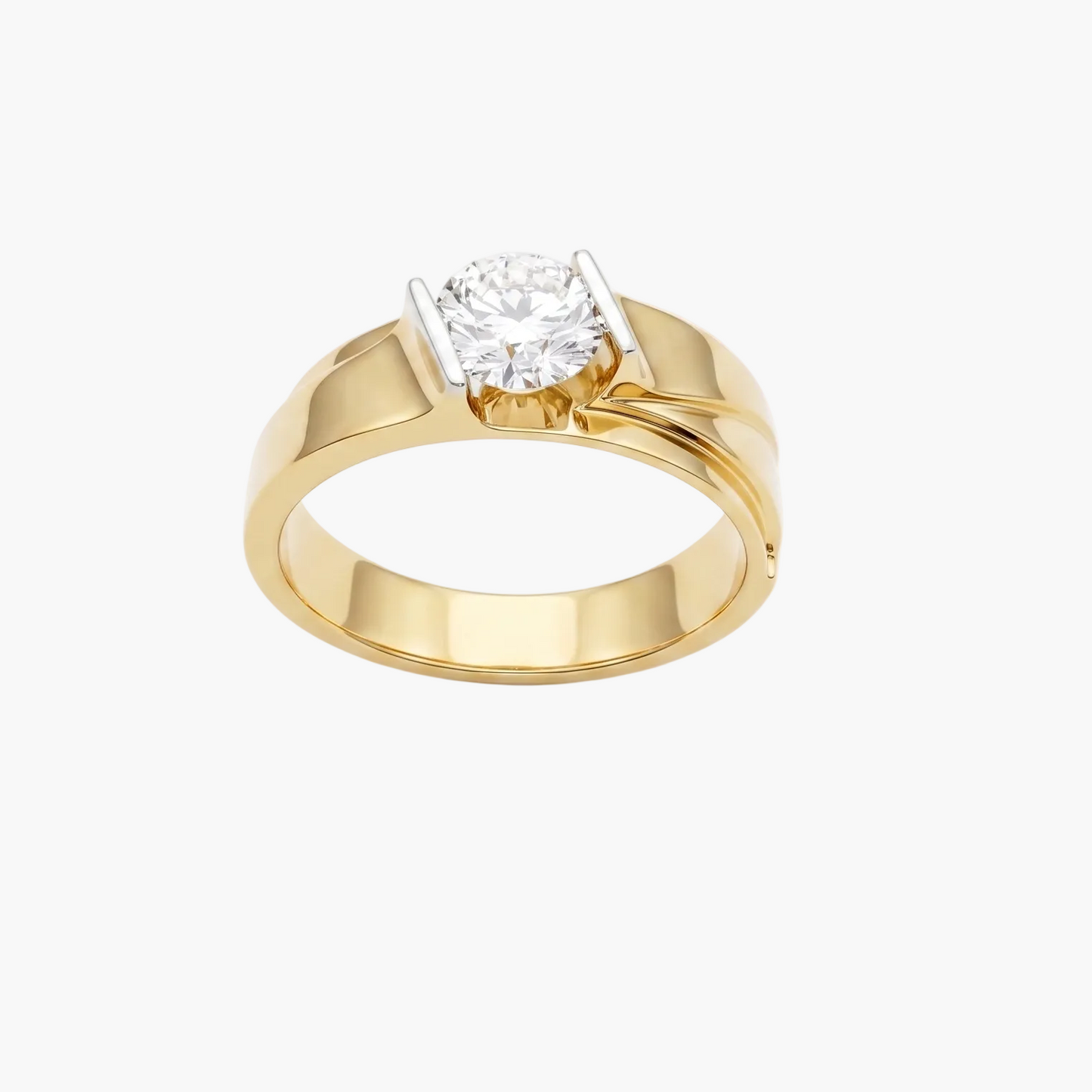 Gold ring with a diamond on a white background