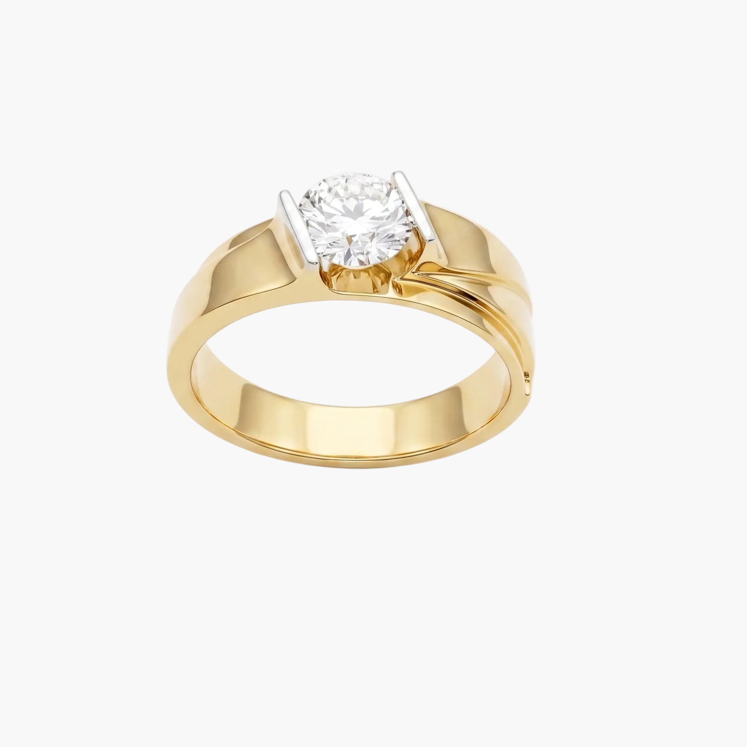 Gold ring with a diamond on a white background