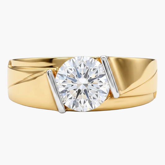 Gold ring with a large diamond on a white background