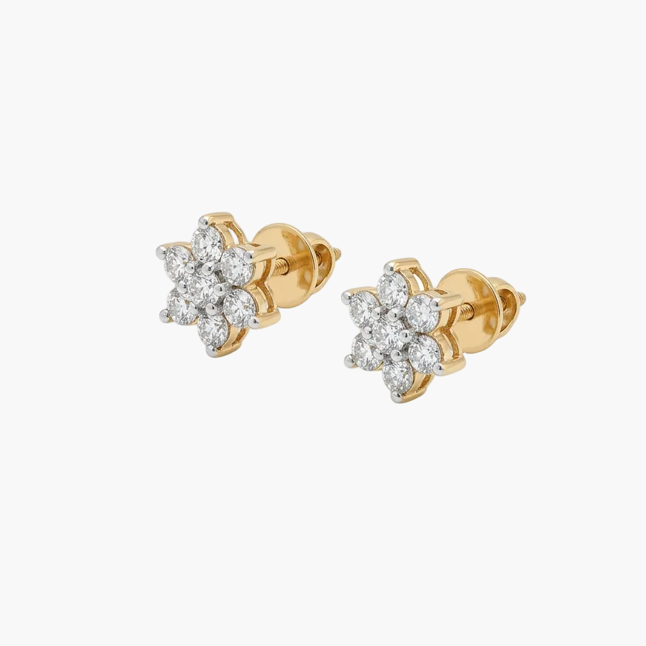 Pair of gold flower-shaped earrings with clear gemstones on a white background