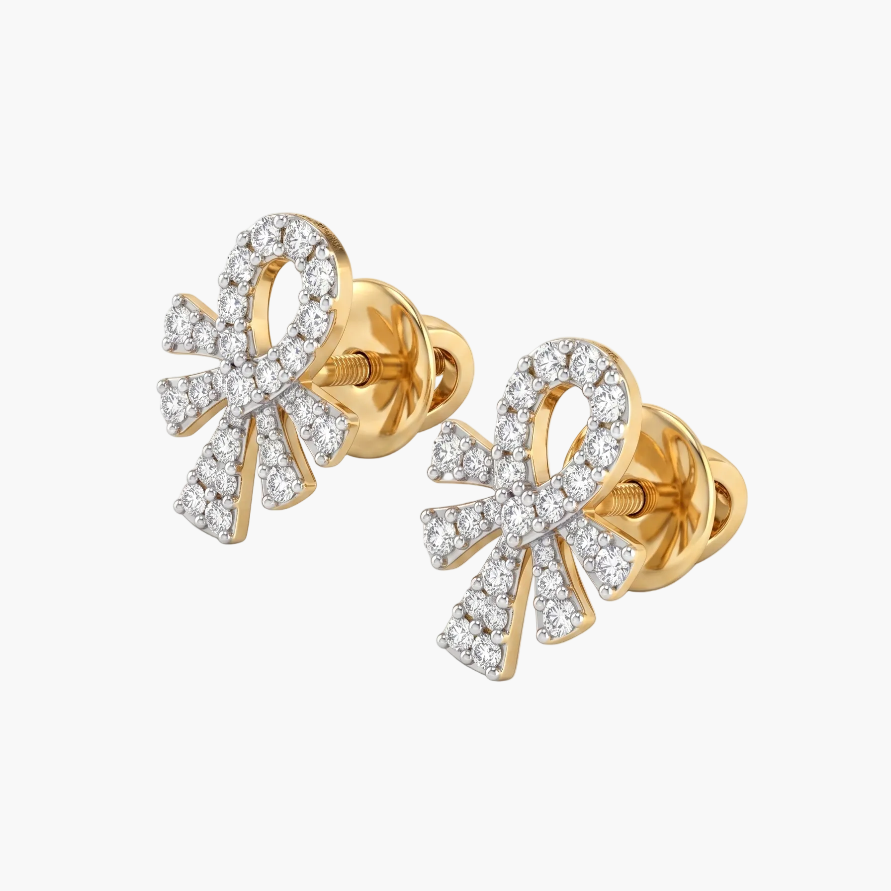 Gold bow-shaped earrings with diamond accents on a white background