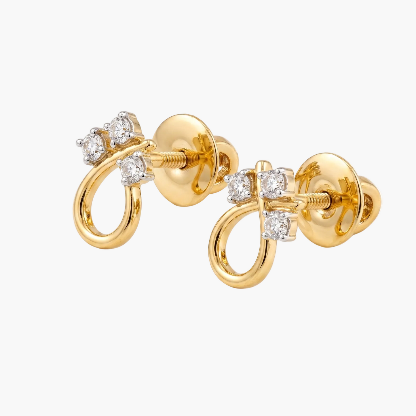 Gold earrings with diamond accents on a white background