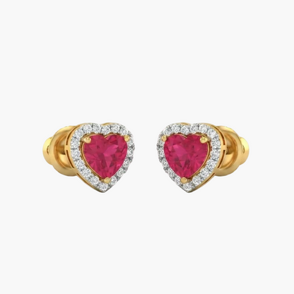 A pair of heart-shaped yellow gold stud earrings with a halo of small clear stones and a central pink heart gemstone, shown on a plain white background.