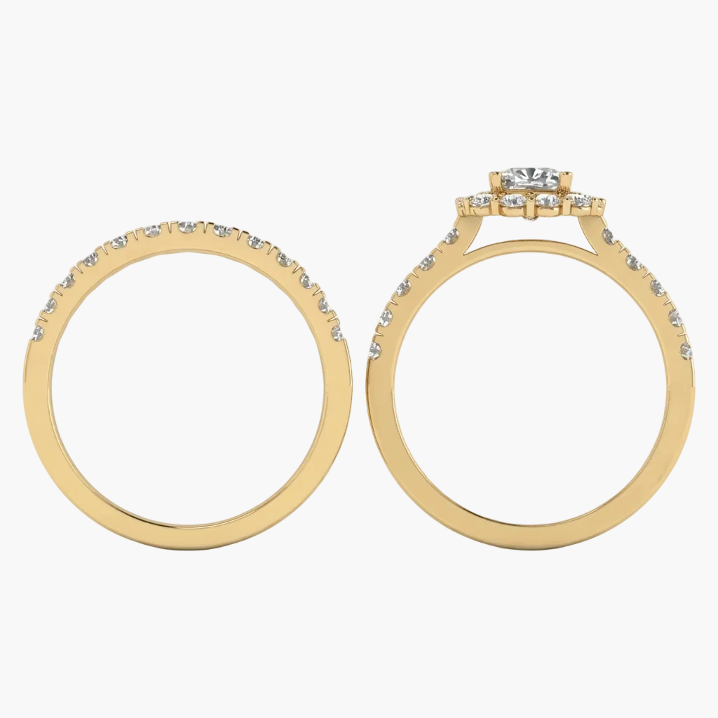 Gold ring with diamond accents on a white background