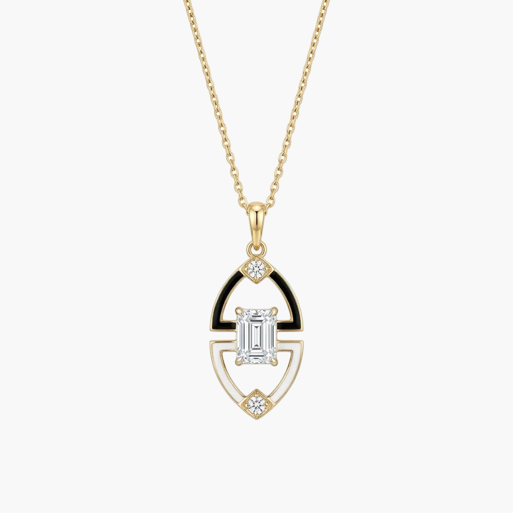 Art Deco Black Enamel and Emerald-Cut Diamond Pendant With Chain