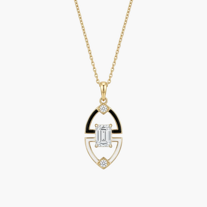 Art Deco Black Enamel and Emerald-Cut Diamond Pendant With Chain