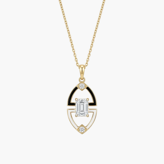 Art Deco Black Enamel and Emerald-Cut Diamond Pendant With Chain