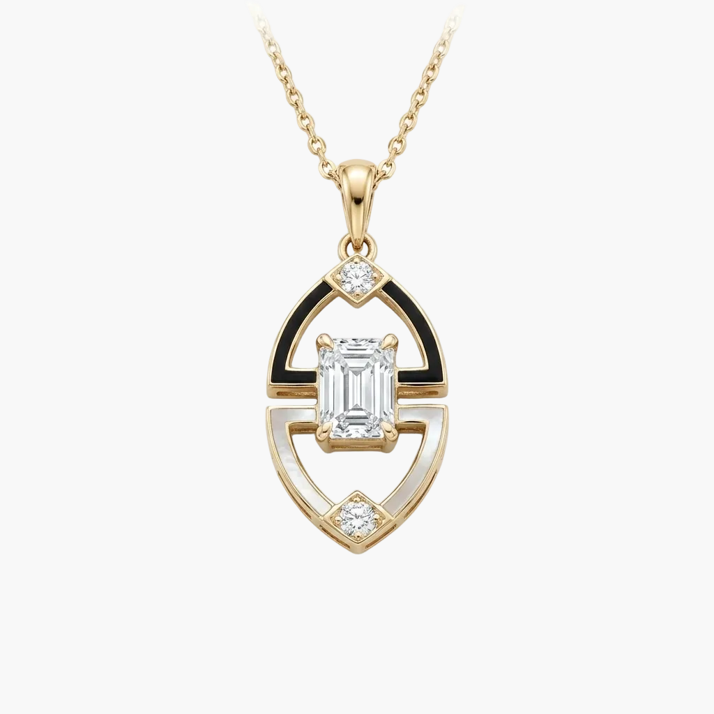 Art Deco Black Enamel and Emerald-Cut Diamond Pendant With Chain