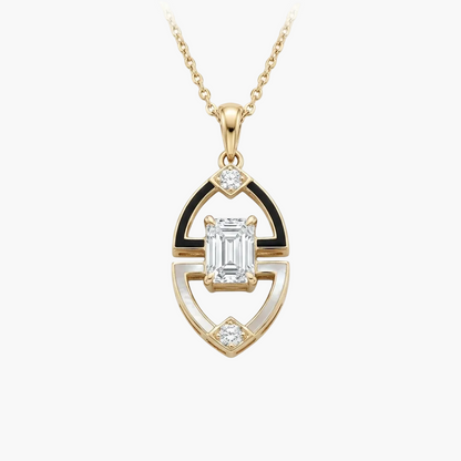 Art Deco Black Enamel and Emerald-Cut Diamond Pendant With Chain