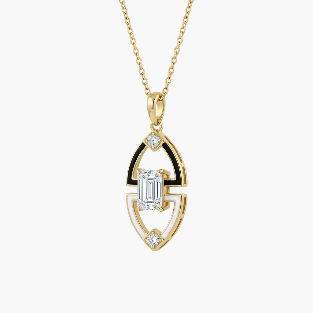 Art Deco Black Enamel and Emerald-Cut Diamond Pendant With Chain