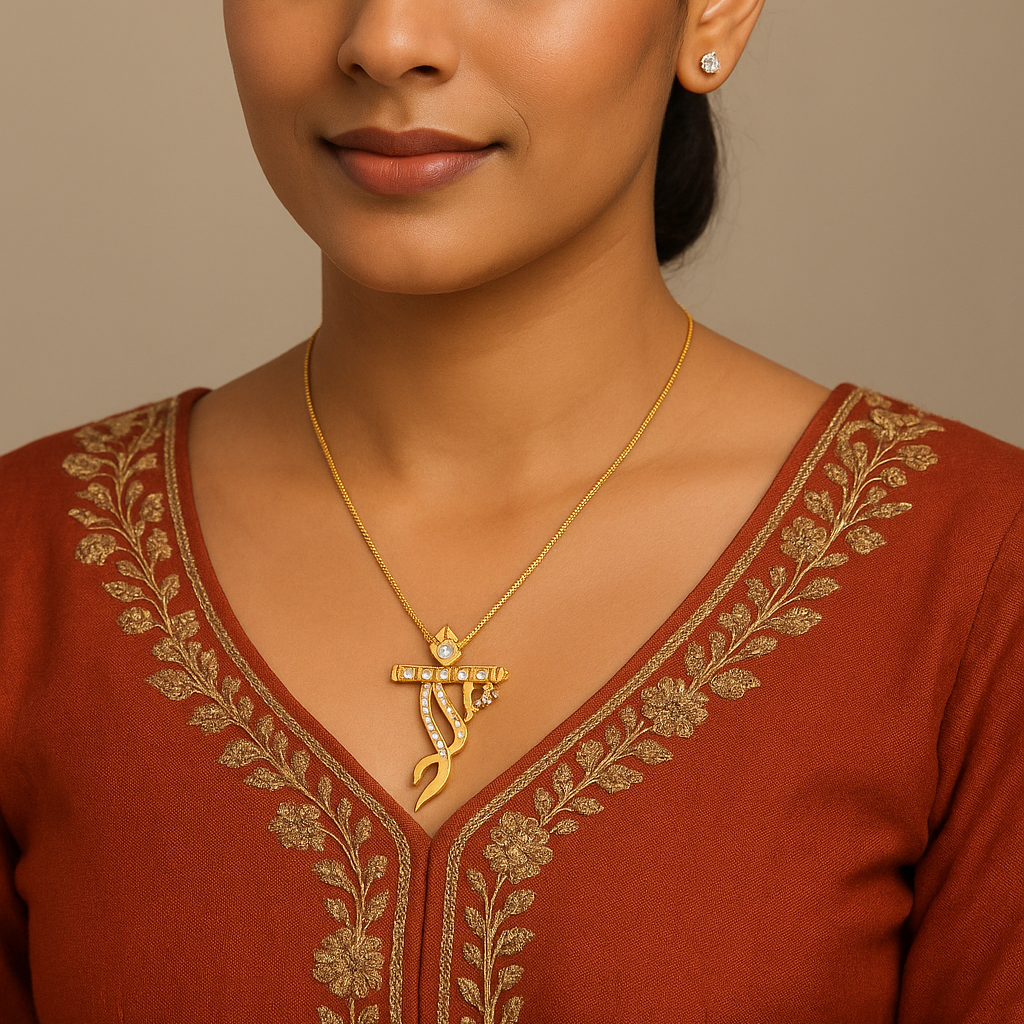 Woman wearing a brown traditional outfit with gold embroidery and a necklace.