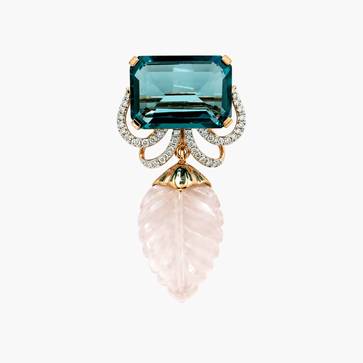 A luxury gold and rose gold pendant brooch featuring a large emerald-cut teal topaz stone, a carved pale pink leaf dangle, and a halo of small clear pavé diamonds, shown on a solid white background.