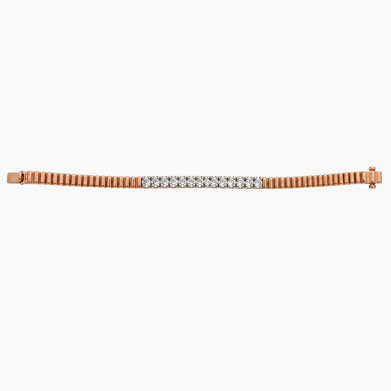 A rose gold tennis bracelet featuring a central row of clear pavé-set diamonds, presented on a solid white background.