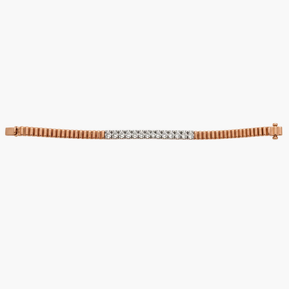 A rose gold tennis bracelet featuring a central row of clear pavé-set diamonds, presented on a solid white background.