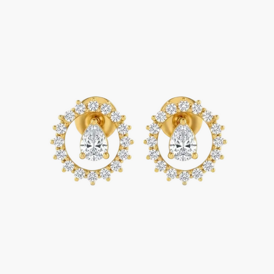 A pair of gold stud earrings featuring pear-cut center stones surrounded by a halo of small round diamonds, set against a plain white background.