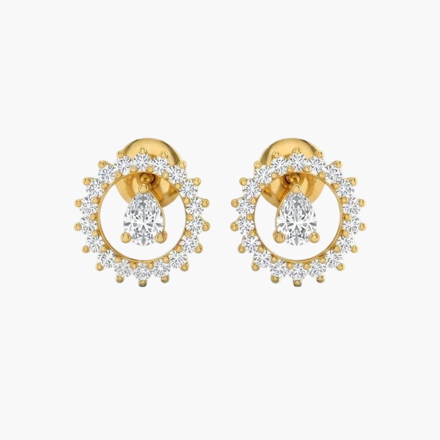 A pair of gold post earrings featuring circular halo designs set with small clear stones and a central marquise-cut diamond, shown on a plain white background.
