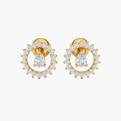 A pair of gold post earrings featuring circular halo designs set with small clear stones and a central marquise-cut diamond, shown on a plain white background.