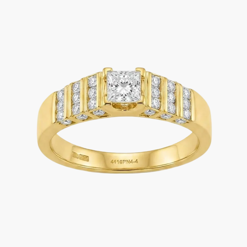 A yellow gold ring featuring a central princess-cut diamond surrounded by channel-set diamonds on a split shank, shown on a plain white background.