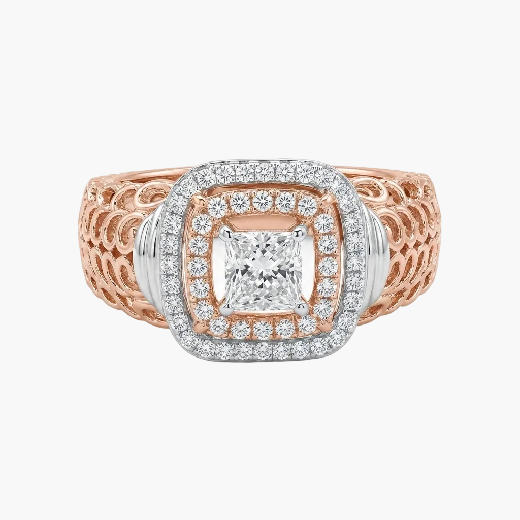 A square diamond ring featuring a rose gold band with intricate openwork detailing, a silver-toned halo border, and a central princess-cut diamond.