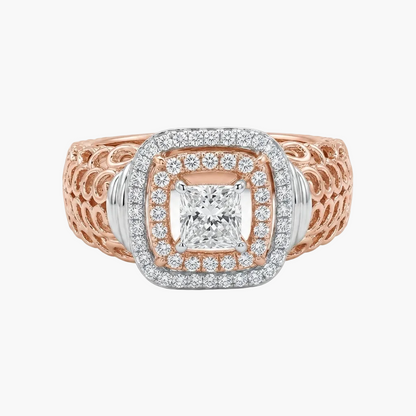 A square diamond ring featuring a rose gold band with intricate openwork detailing, a silver-toned halo border, and a central princess-cut diamond.