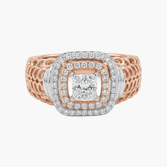 A square diamond ring featuring a rose gold band with intricate openwork detailing, a silver-toned halo border, and a central princess-cut diamond.