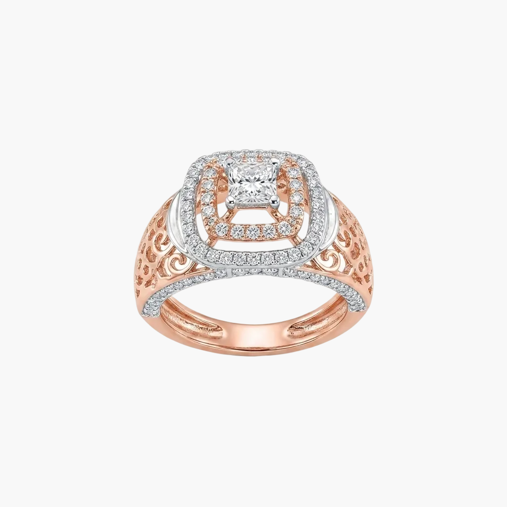 A rose gold ring with a square cushion-cut diamond center stone and surrounding pave diamonds, set against a clean white background.