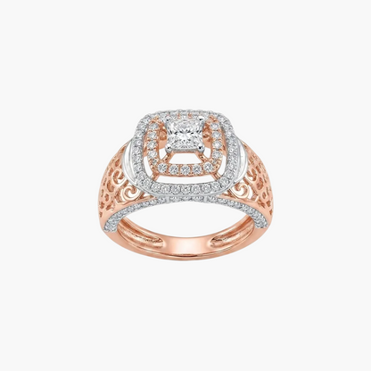 A rose gold ring with a square cushion-cut diamond center stone and surrounding pave diamonds, set against a clean white background.