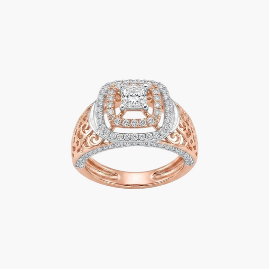 A rose gold ring with a square cushion-cut diamond center stone and surrounding pave diamonds, set against a clean white background.