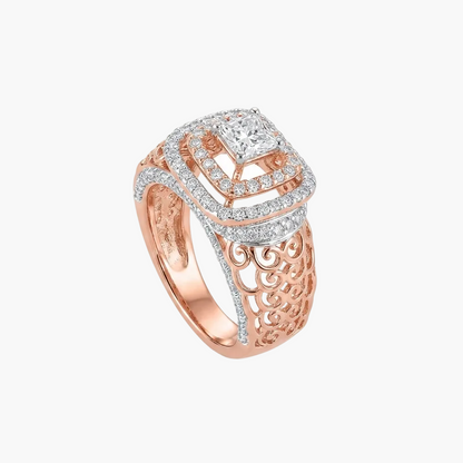 A rose gold filigree ring featuring a square princess-cut diamond center stone and pavé-set diamonds along the double-moon border, shown on a clean white background.