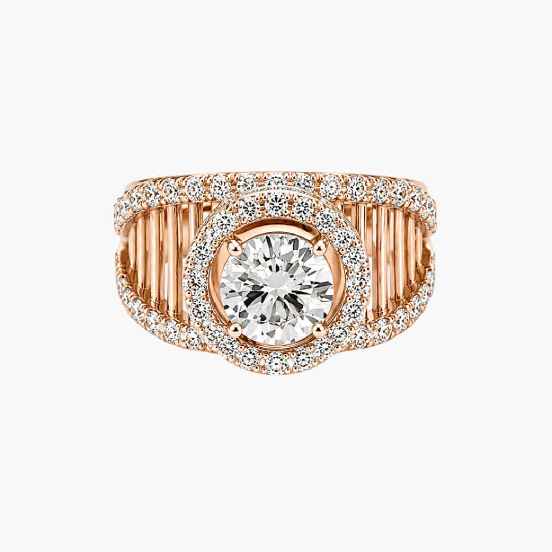 A rose gold ring featuring a large round-cut center stone surrounded by a halo of small pavé stones, with a wide band composed of vertical channel settings and a curved pavé outer edge, shown on a plain white background.
