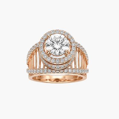 A rose gold ring with a large round-cut center stone and multiple surrounding accent stones, photographed on a clean white background.