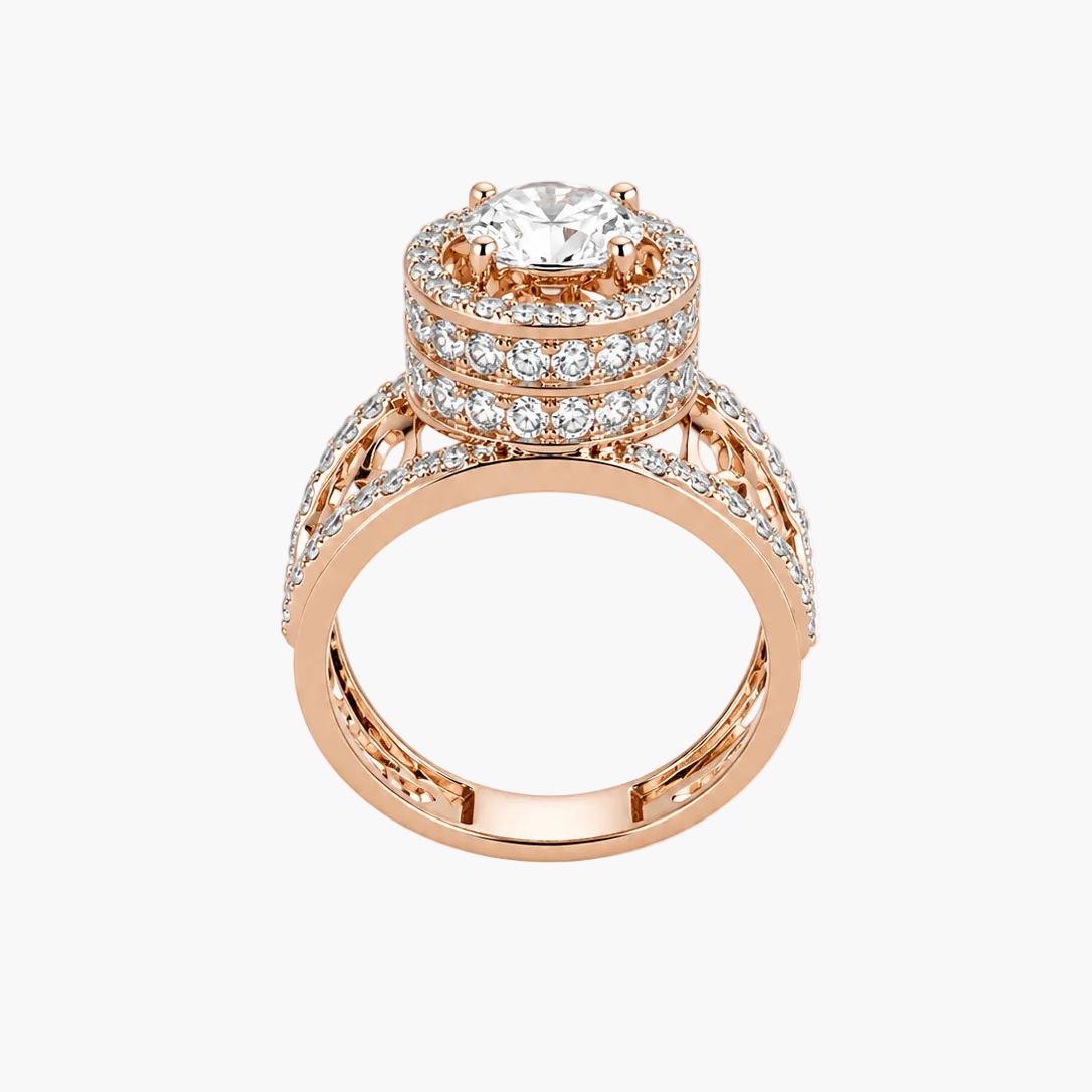 A rose gold halo ring featuring a round-cut center stone surrounded by double halos and pavé-set stones on the band, shown on a plain white background.