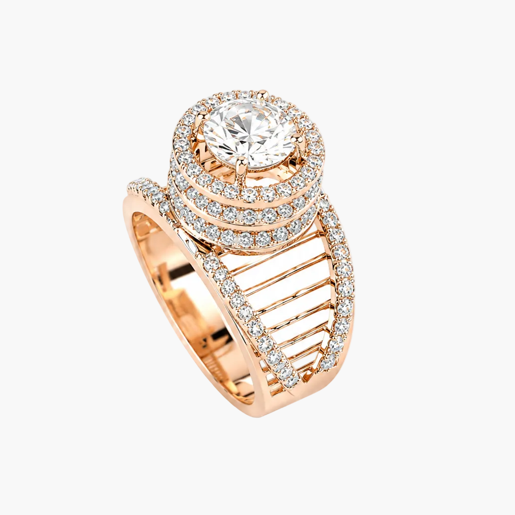 A rose gold ring featuring a large round-cut center stone surrounded by a halo of small pavé-set stones, with a curved slatted band also adorned with pavé stones, shown on a white background.
