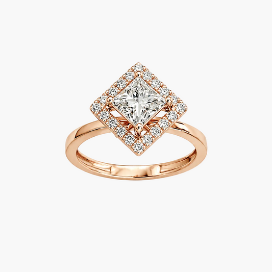 A rose gold diamond ring with a square-shaped halo featuring a central princess-cut diamond surrounded by smaller diamonds, set against a plain white background.